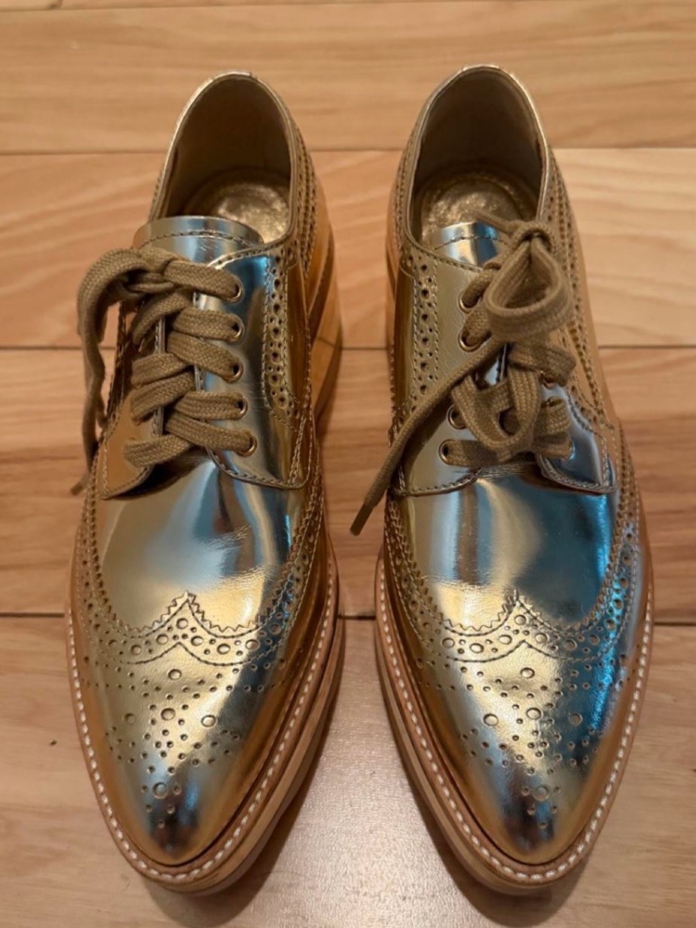 Prada Metallic Gold Brogue Platform Loafers - Women - Picture 3 of 7